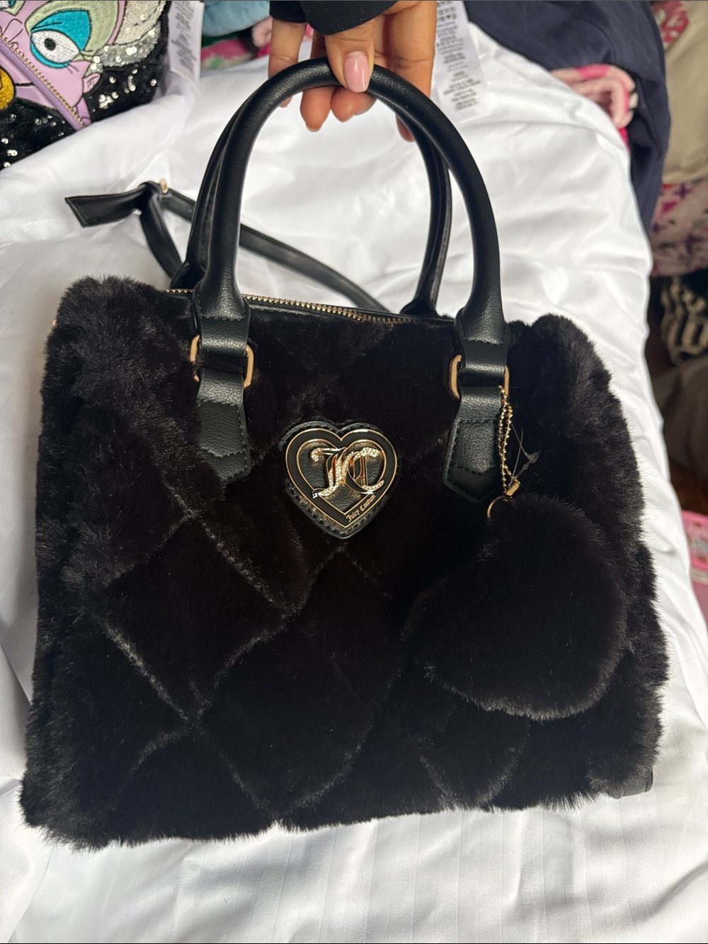 Juicy Couture Black Quilted Faux Fur Satchel with Pom Charm